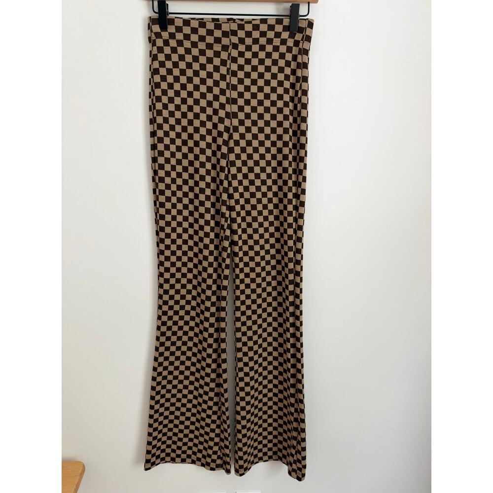 Urban Outfitters Bryn Pull-On Flare Pant - Brown Checkered Size Small - Picture 3 of 5